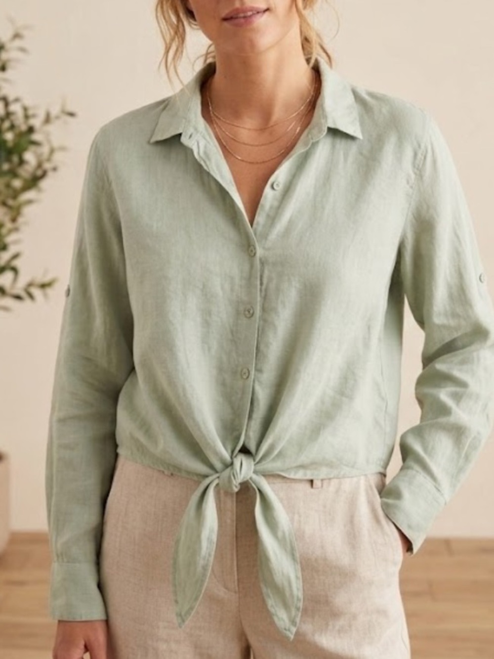 cloth & stone Light Sage Tie-Front Button Down Shirt linen size xs